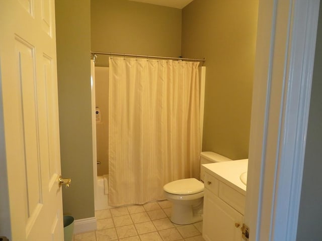 full bathroom with toilet, tile patterned flooring, shower / bath combo, and vanity