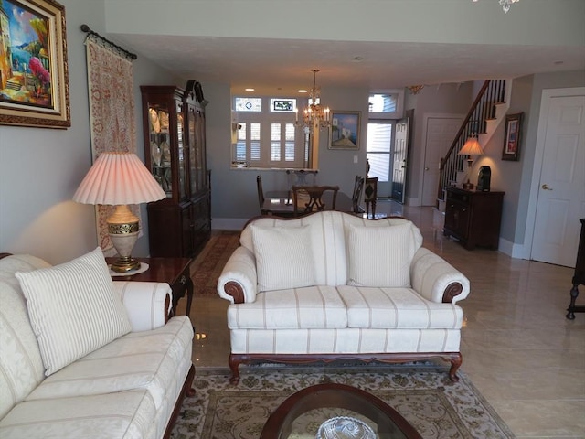 living room with a chandelier