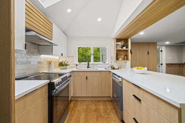 616 Grove St, Framingham, MA 01701 - kitchen featuring stainless steel appliances, light brown cabinetry, a peninsula, exhaust hood, and light wood-type flooring