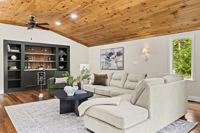 616 Grove St, Framingham, MA 01701 - living room featuring vaulted ceiling, wood ceiling, a ceiling fan, and wood finished floors