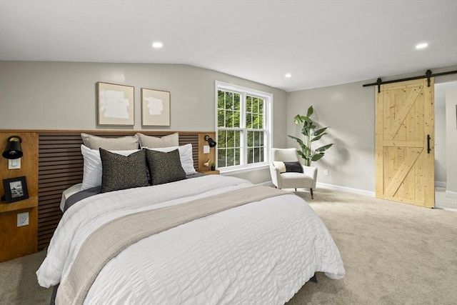 616 Grove St, Framingham, MA 01701 - bedroom featuring a barn door, carpet flooring, vaulted ceiling, and recessed lighting