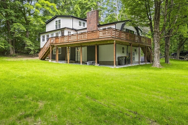 616 Grove St, Framingham, MA 01701 - back of house featuring stairway, a deck, a lawn, and a chimney