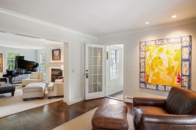 10 Queen Anne Rd, Hopkinton, MA 01748 - living area featuring recessed lighting, wood finished floors, baseboard heating, a glass covered fireplace, and crown molding
