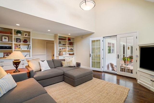 10 Queen Anne Rd, Hopkinton, MA 01748 - living room featuring crown molding, dark wood-style flooring, and recessed lighting
