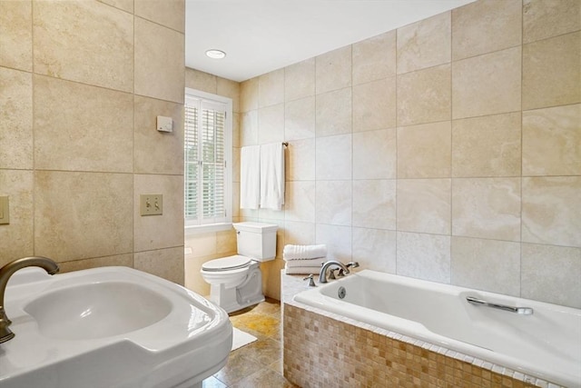 10 Queen Anne Rd, Hopkinton, MA 01748 - full bath with a garden tub, a sink, tile walls, and toilet