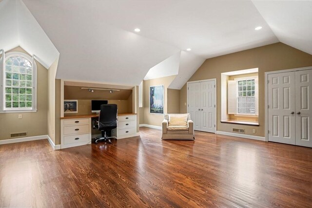 10 Queen Anne Rd, Hopkinton, MA 01748 - unfurnished office with lofted ceiling, visible vents, baseboards, and wood finished floors