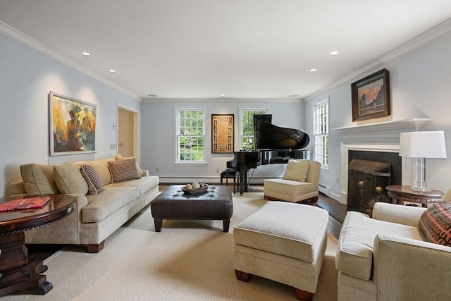 10 Queen Anne Rd, Hopkinton, MA 01748 - carpeted living room with recessed lighting, a fireplace, baseboards, ornamental molding, and baseboard heating