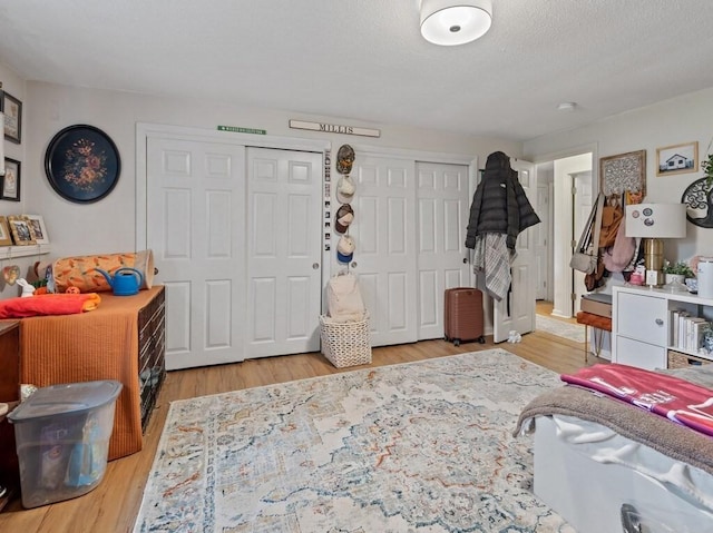 bedroom featuring two closets and wood finished floors
