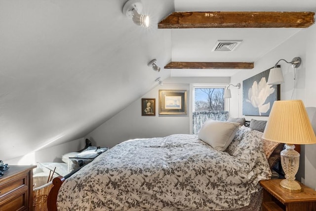 bedroom with visible vents and lofted ceiling with beams