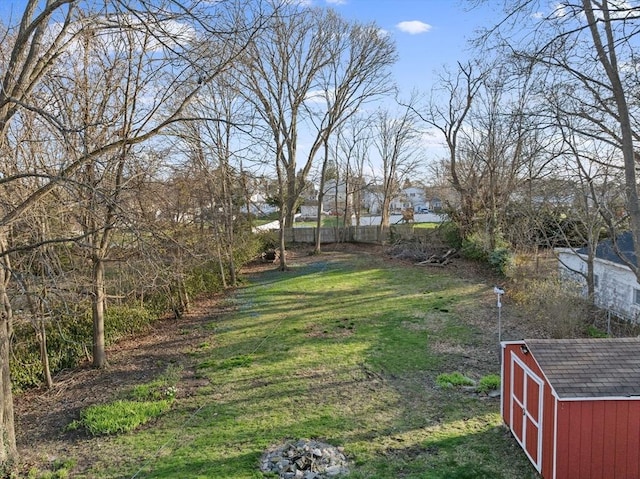 view of yard featuring an outdoor structure, fence, and a storage unit