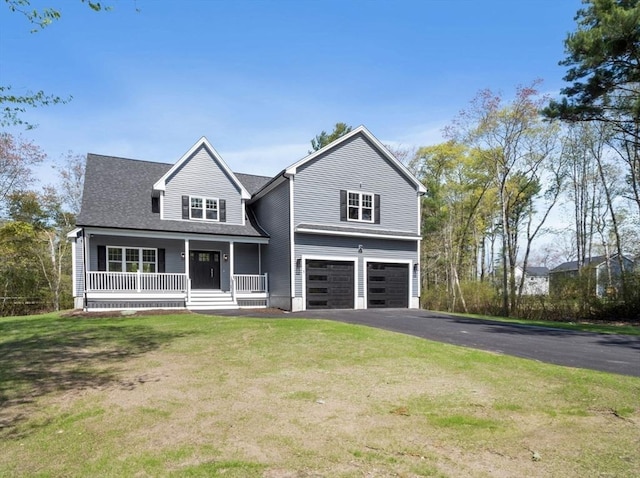 view of front of house featuring aphalt driveway, covered porch, a garage, a shingled roof, and a front lawn