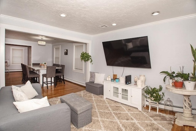 living room featuring hardwood / wood-style floors, a baseboard radiator, a textured ceiling, and ornamental molding