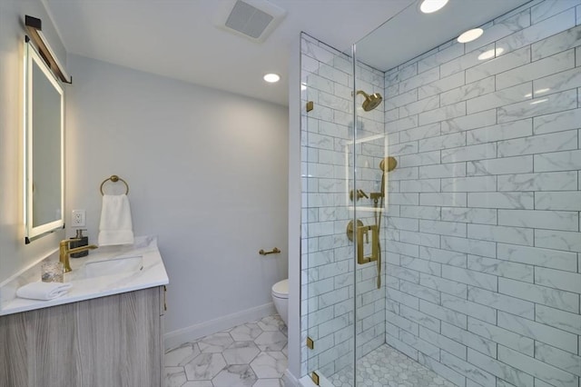 bathroom with toilet, a stall shower, and visible vents