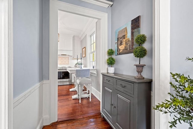 corridor with crown molding and dark wood-style floors