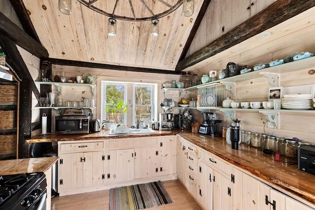 kitchen with wood counters, stainless steel microwave, open shelves, vaulted ceiling, and wood ceiling