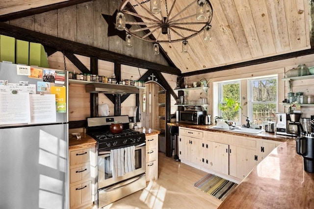 kitchen featuring vaulted ceiling with beams, a chandelier, wood ceiling, a sink, and appliances with stainless steel finishes