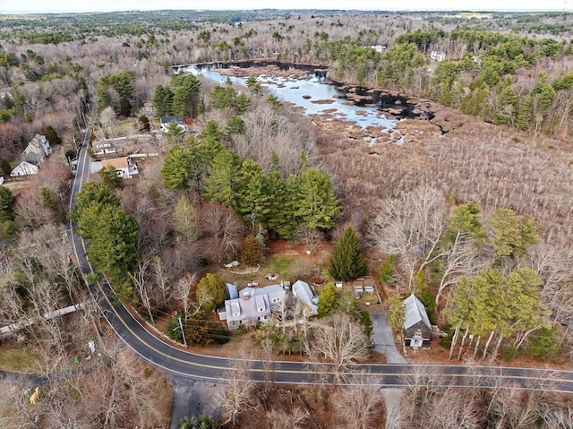drone / aerial view with a water view and a forest view