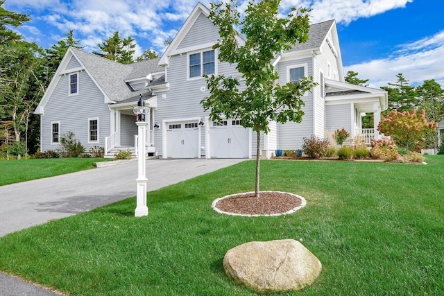 view of property with a front yard and a garage