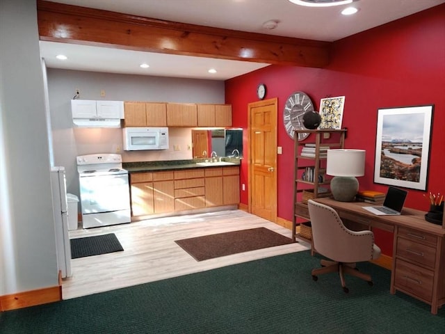 346 Lovell St, Worcester, MA 01602 - kitchen with white appliances, recessed lighting, under cabinet range hood, beam ceiling, and dark countertops