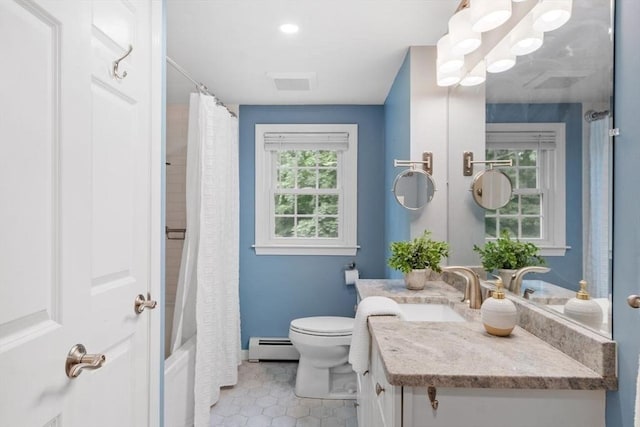 20 Chandler Rd, Andover, MA 01810 - full bathroom featuring a baseboard heating unit, vanity, tile patterned flooring, and shower / tub combo with curtain