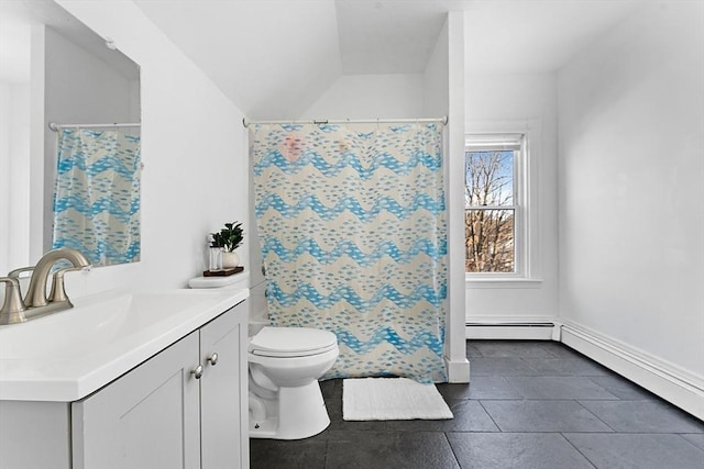 bathroom featuring a shower with shower curtain, vanity, a baseboard radiator, and toilet