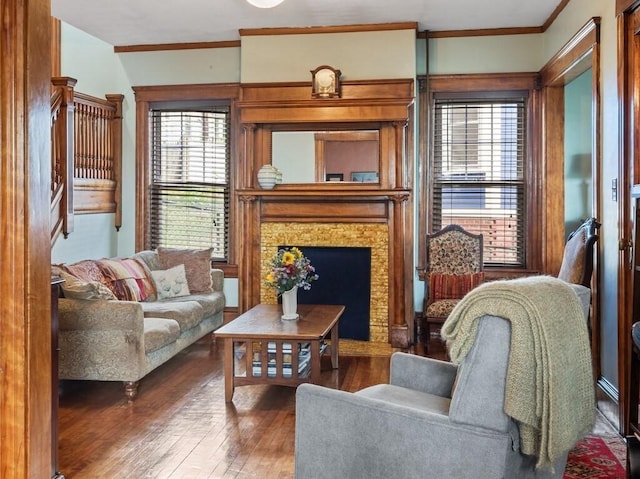 living room featuring hardwood / wood-style floors, crown molding, and a fireplace