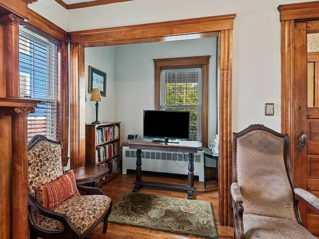 sitting room with radiator and wood finished floors