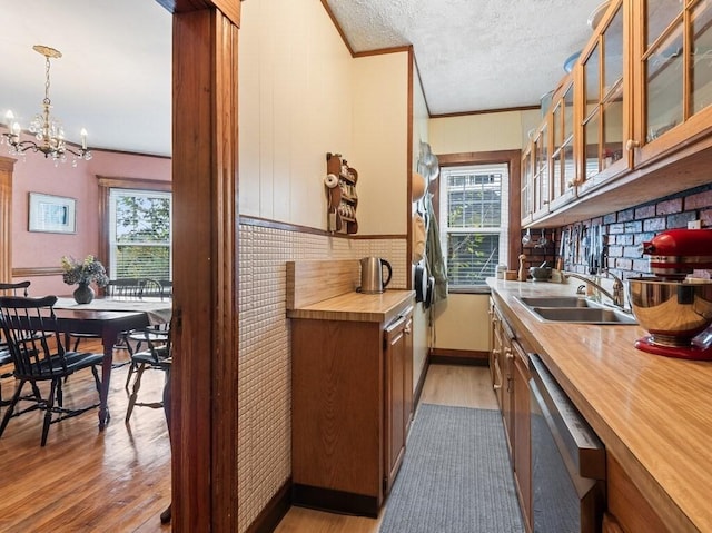 kitchen featuring light wood finished floors, wooden counters, stainless steel dishwasher, and a sink