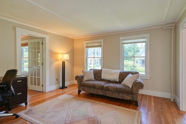 21 Mechanic St, Holliston, MA 01746 - living room with ornamental molding, hardwood / wood-style floors, an office area, and baseboards