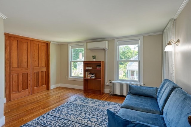 21 Mechanic St, Holliston, MA 01746 - living area featuring radiator heating unit, a wall mounted AC, wood finished floors, baseboards, and ornamental molding