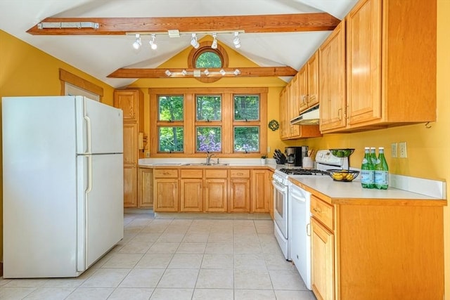 21 Mechanic St, Holliston, MA 01746 - kitchen featuring white appliances, under cabinet range hood, light tile patterned floors, light countertops, and a sink