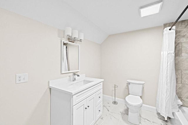 69 Wood St, Hanson, MA 02341 - bathroom featuring marble look tiles, vanity, shower / bath combo, and vaulted ceiling