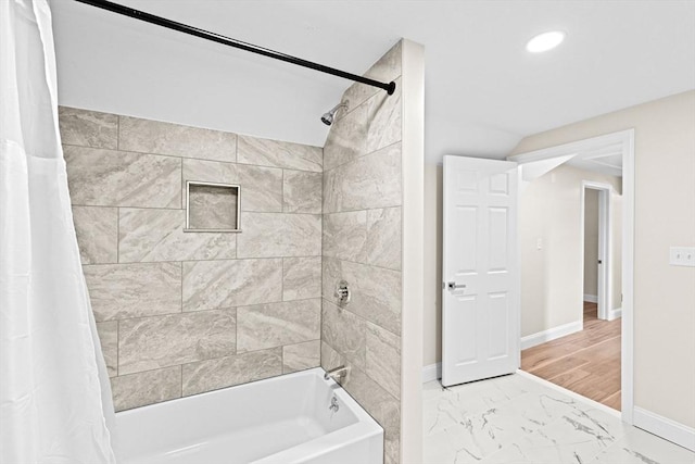 69 Wood St, Hanson, MA 02341 - full bath with shower / tub combo, marble finish flooring, and recessed lighting