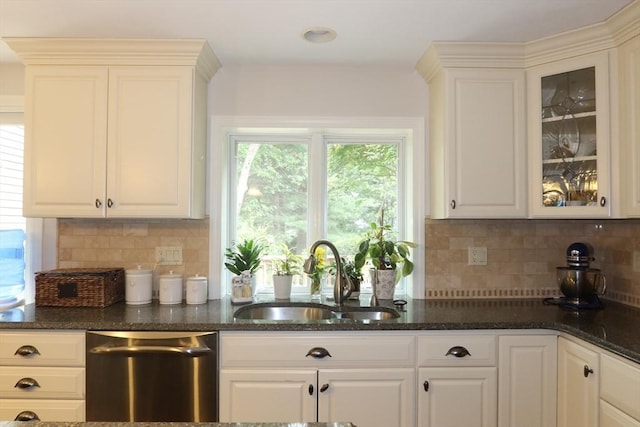 12 Hampton Ct, Walpole, MA 02032 - kitchen featuring stainless steel dishwasher, a sink, white cabinets, dark stone countertops, and glass insert cabinets