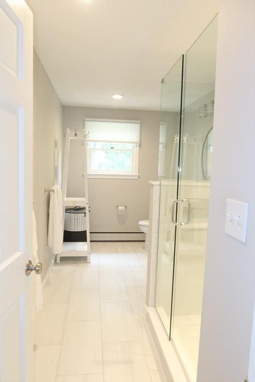 12 Hampton Ct, Walpole, MA 02032 - bathroom with baseboard heating, a stall shower, toilet, tile patterned flooring, and recessed lighting