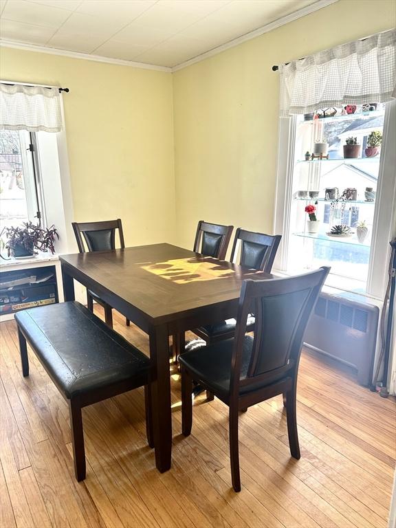 dining room with light wood-type flooring, a wealth of natural light, and ornamental molding