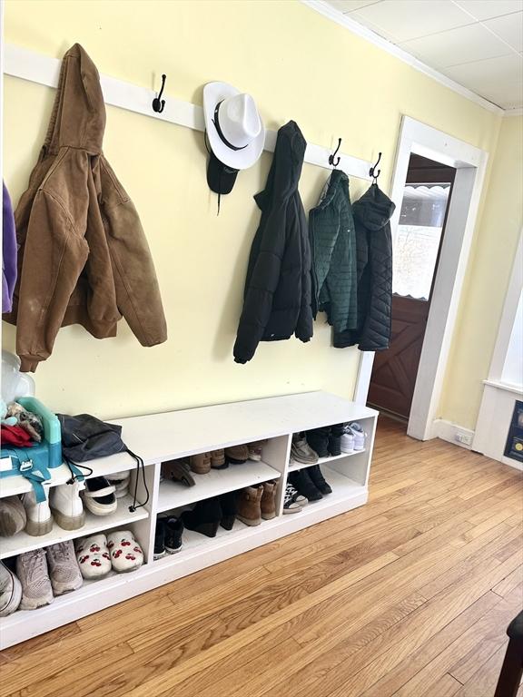 mudroom with ornamental molding and wood finished floors