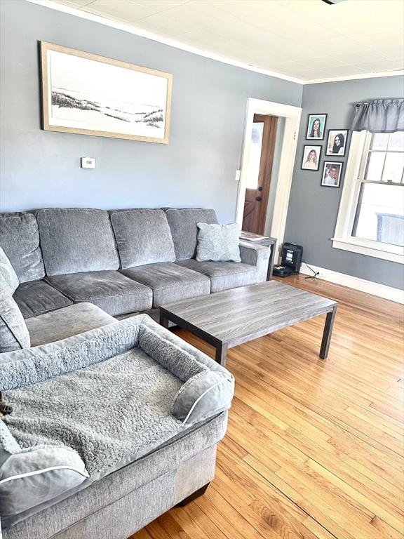 living area featuring crown molding, wood finished floors, and baseboards