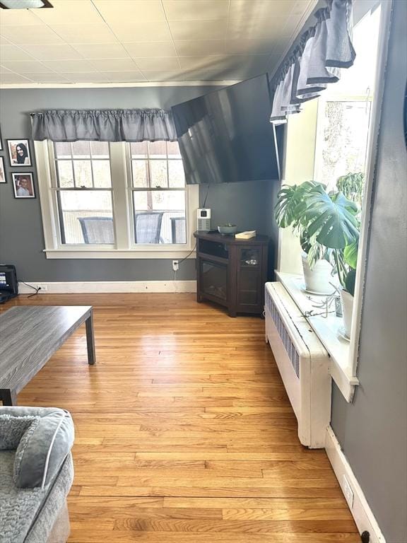 living area with light wood-type flooring, baseboards, and radiator heating unit