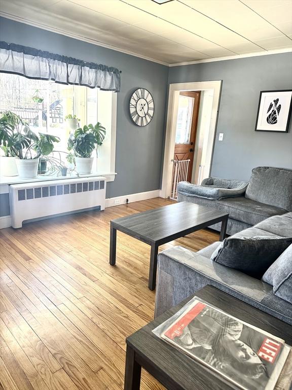 living room with hardwood / wood-style flooring, radiator heating unit, ornamental molding, and baseboards