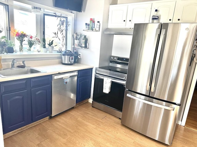 kitchen with under cabinet range hood, blue cabinets, a sink, appliances with stainless steel finishes, and light wood-type flooring