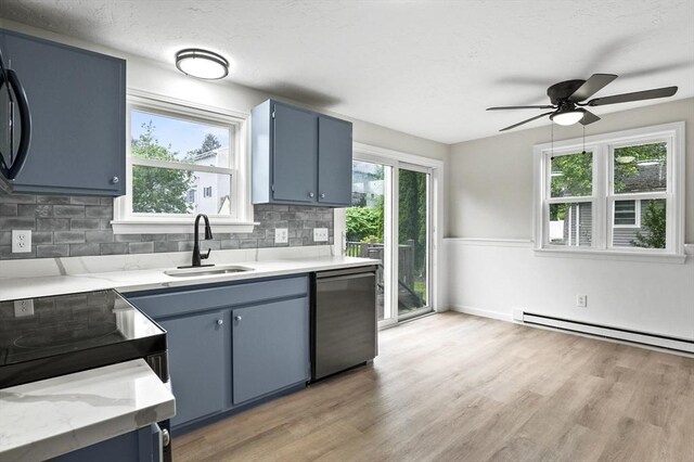 18 Nanita St, Worcester, MA 01604 - kitchen featuring dishwasher, blue cabinetry, light wood-style flooring, backsplash, and ceiling fan