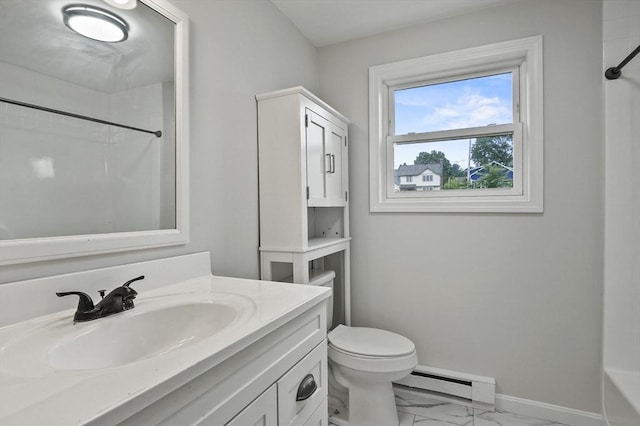 18 Nanita St, Worcester, MA 01604 - bathroom featuring a baseboard heating unit, marble finish floors, and vanity