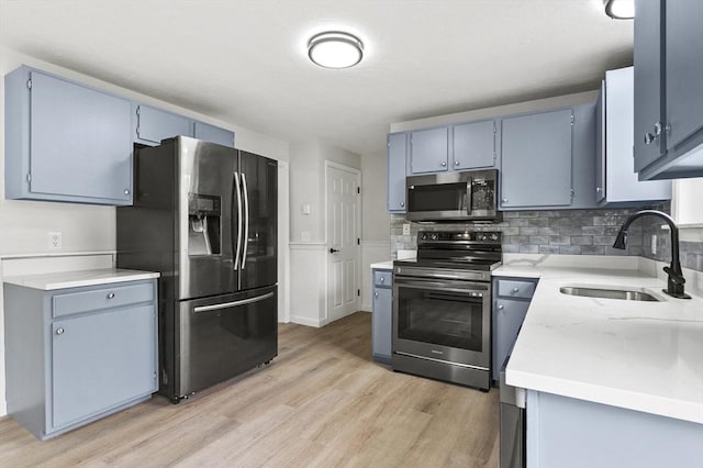 18 Nanita St, Worcester, MA 01604 - kitchen featuring appliances with stainless steel finishes, light wood-type flooring, light countertops, tasteful backsplash, and blue cabinetry