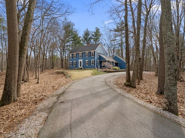 view of front of home with curved driveway and a chimney