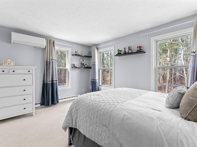 bedroom featuring baseboard heating, carpet flooring, a wall mounted air conditioner, and a textured ceiling