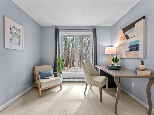 carpeted home office featuring baseboards and baseboard heating