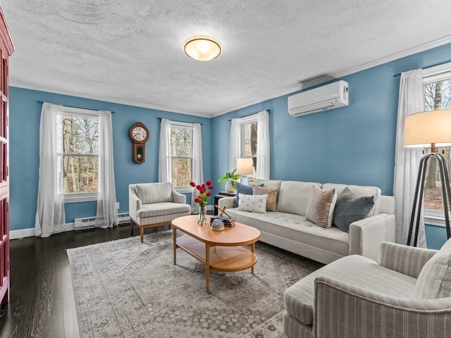 living room featuring plenty of natural light, dark wood-style floors, ornamental molding, and a wall mounted AC