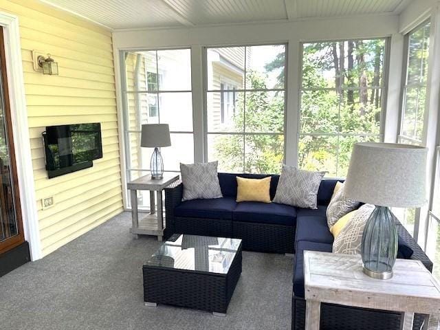 26 N Hill Rd, Westford, MA 01886 - sunroom / solarium featuring carpet floors, an outdoor living space, and wooden walls