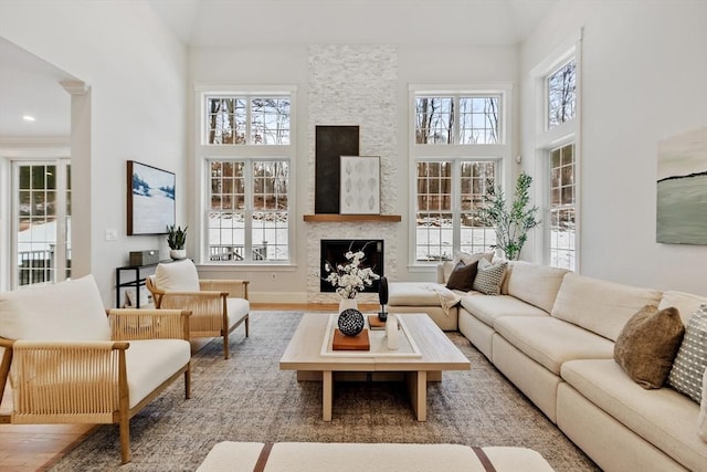 living room featuring a high ceiling, hardwood / wood-style flooring, and a large fireplace